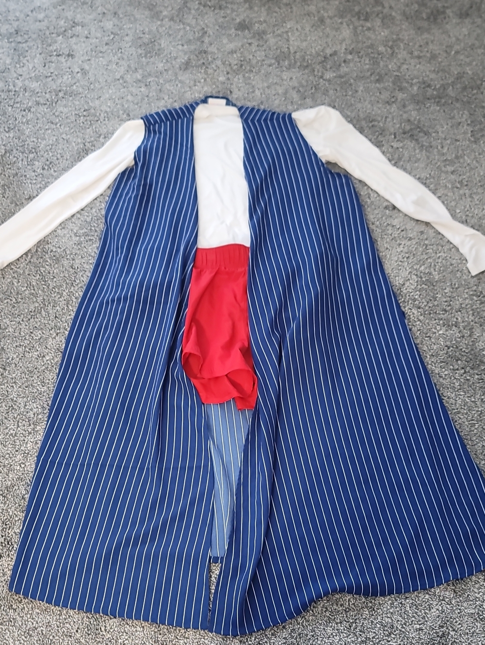 Blue Pinstripe Duster Vest with White Top and Red Accent